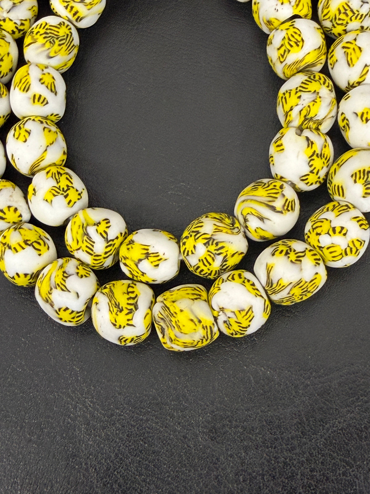 Ivory & Golden Yellow Fused Krobo Recycled Glass Beads 12–14mm | Handmade African Glass Beads from Ghana | 44 Beads Per Strand