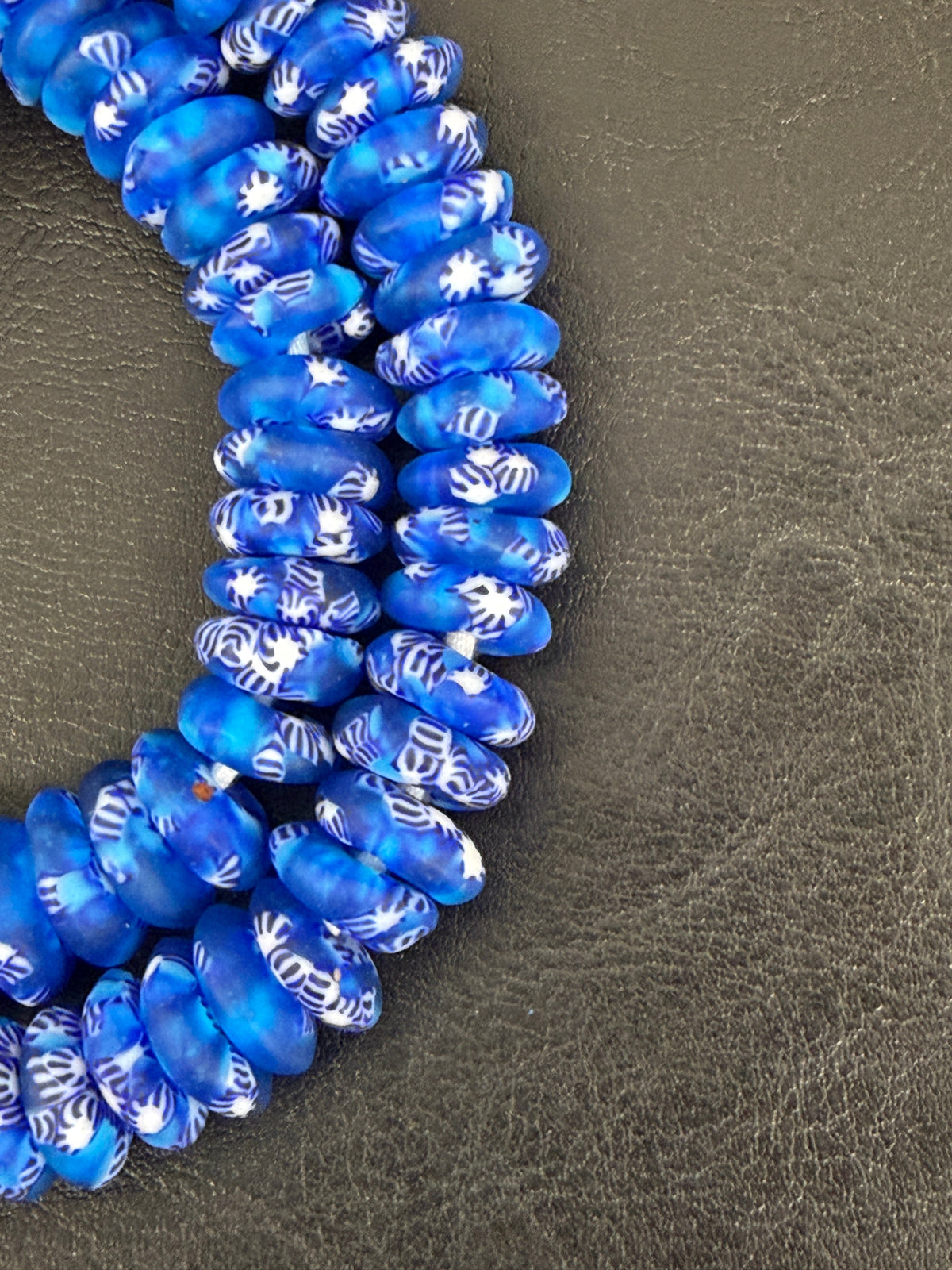 Blue Fused Krobo Rondelle Recycled Glass Beads | Handcrafted Ghana African Trade Beads | 95–99 Beads per Strand