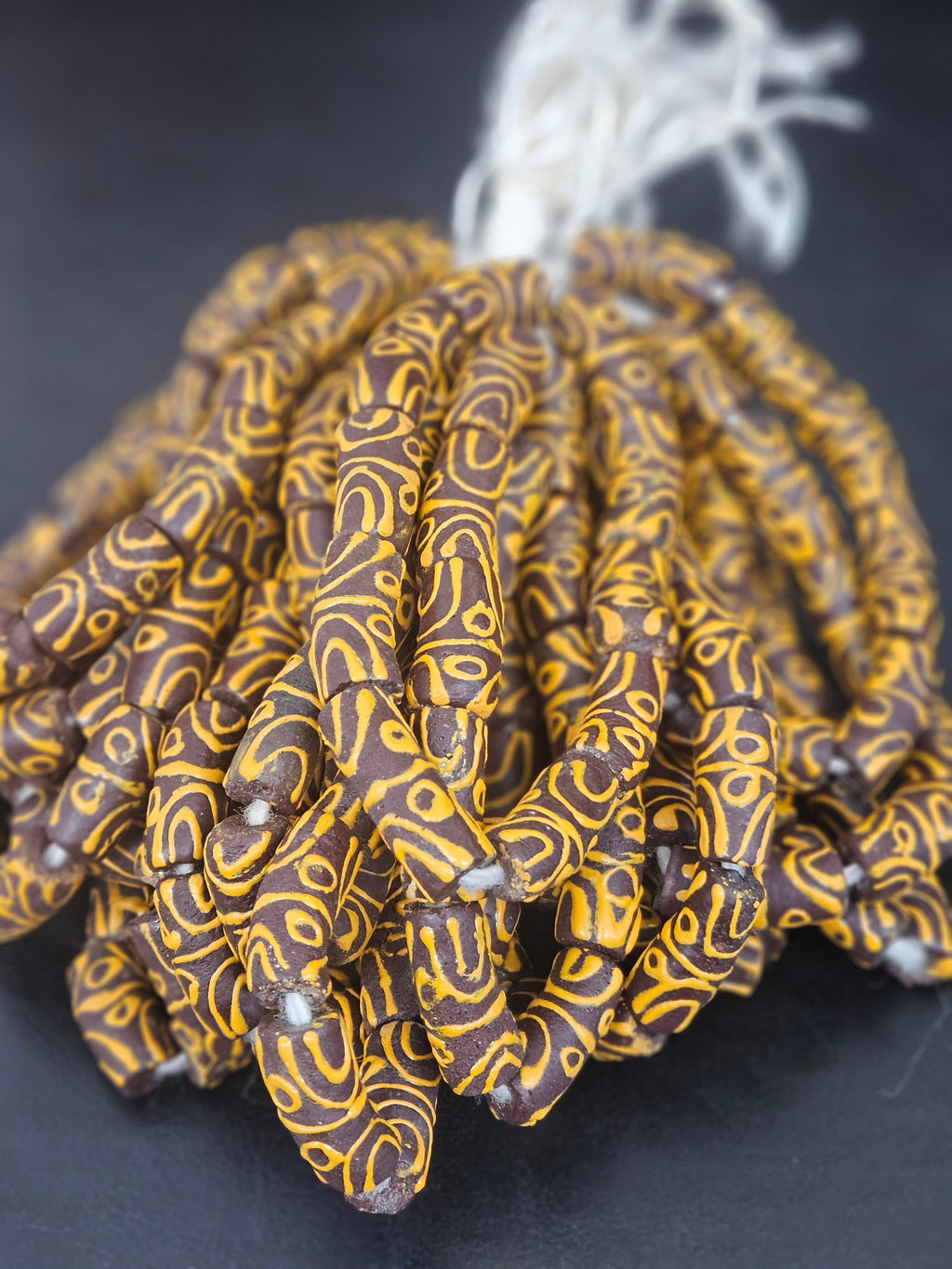 Krobo Painted Glass Tube Beads, Espresso Brown & Golden Ochre, Handmade Recycled Glass Beads from Ghana