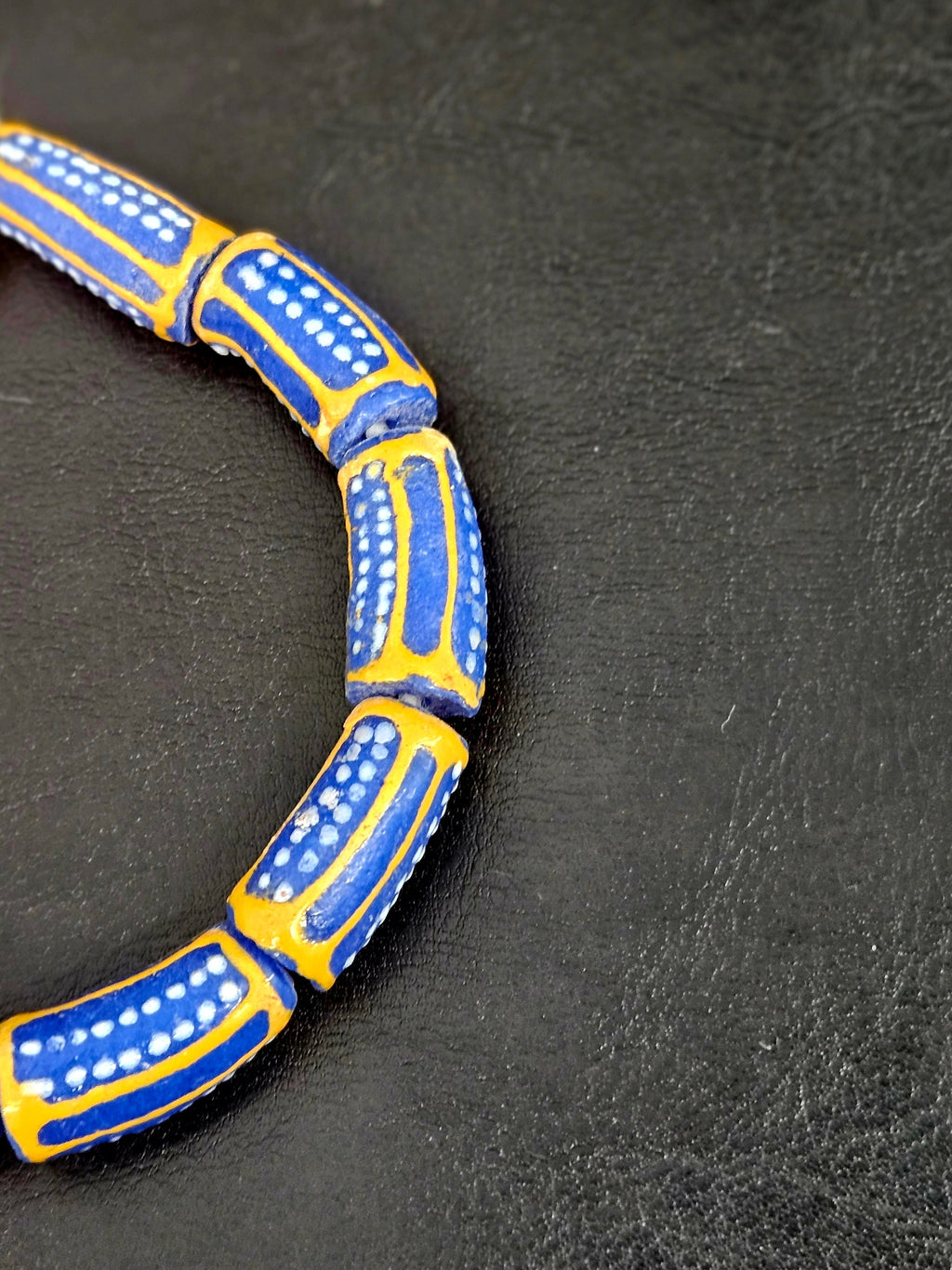 Royal Blue Krobo Painted Glass Tube Beads with Golden Yellow Borders | Handcrafted Recycled Glass from Ghana