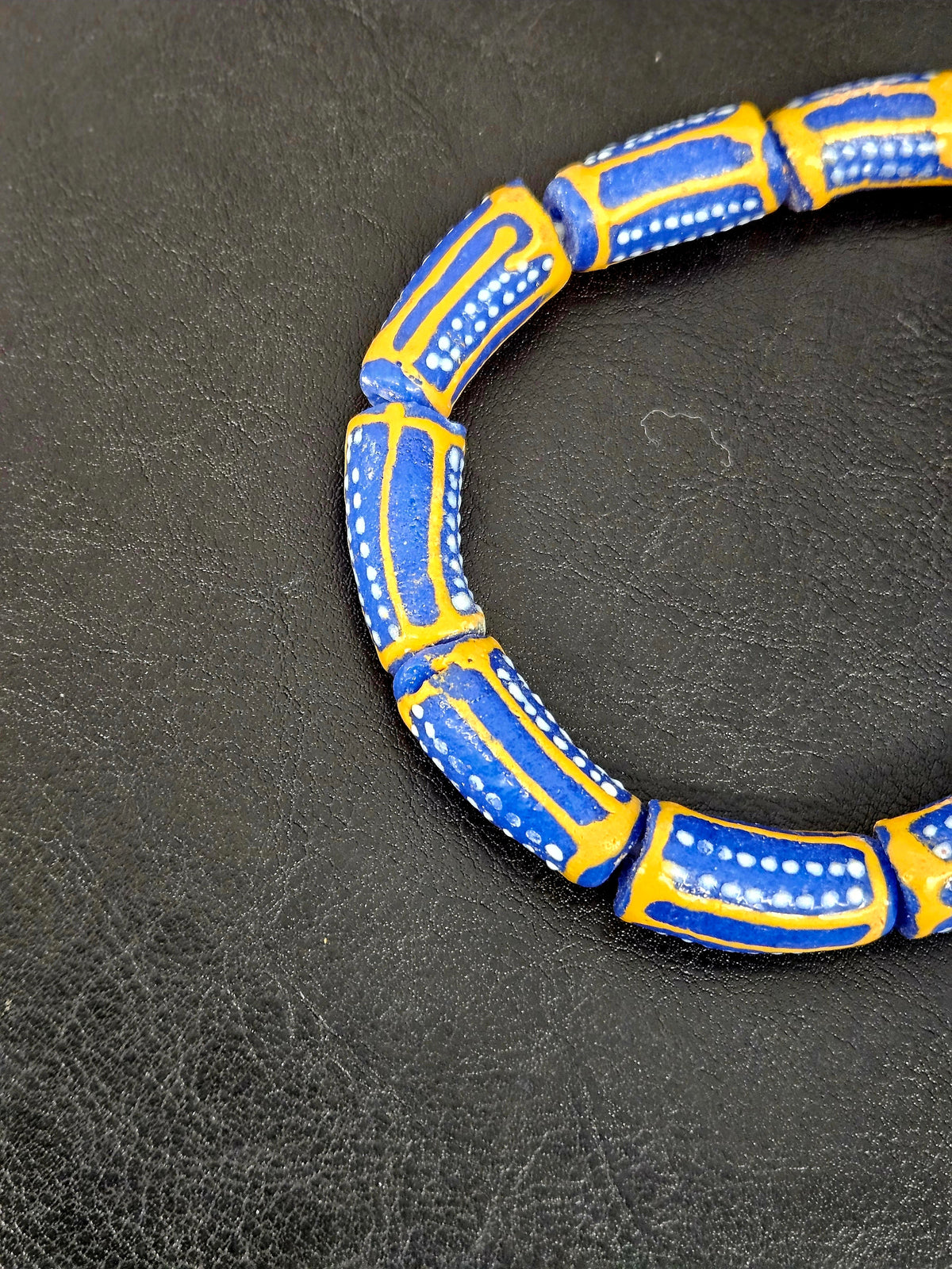 Royal Blue Krobo Painted Glass Tube Beads with Golden Yellow Borders | Handcrafted Recycled Glass from Ghana