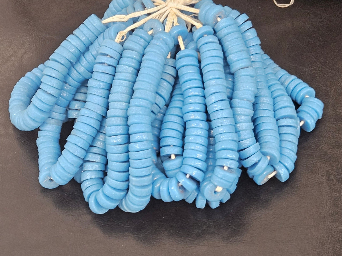 Authentic Sky Blue Krobo Powdered Glass Disc Beads Handmade in Ghana from Recycled Glass