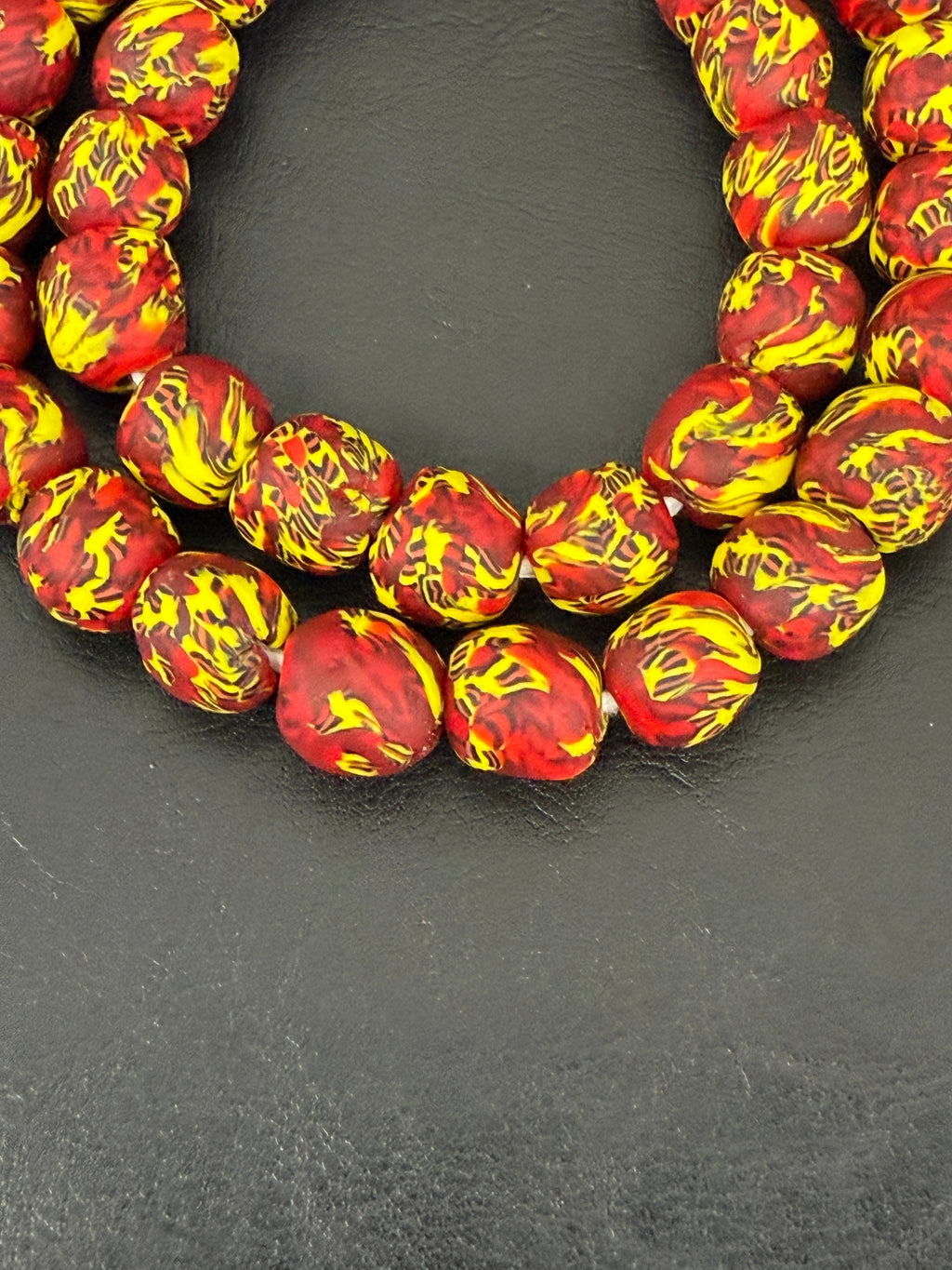 Fused Krobo Recycled Glass Beads 12–14mm | Crimson Red Yellow Handmade African Glass Beads from Ghana