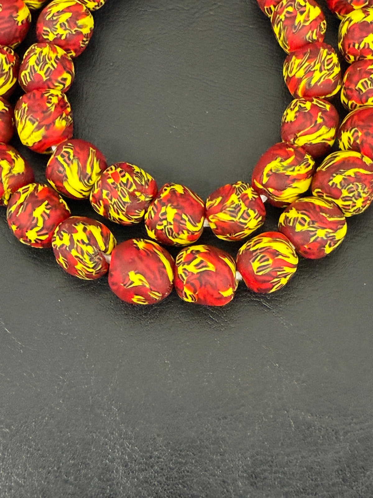 Fused Krobo Recycled Glass Beads 12–14mm | Crimson Red Yellow Handmade African Glass Beads from Ghana