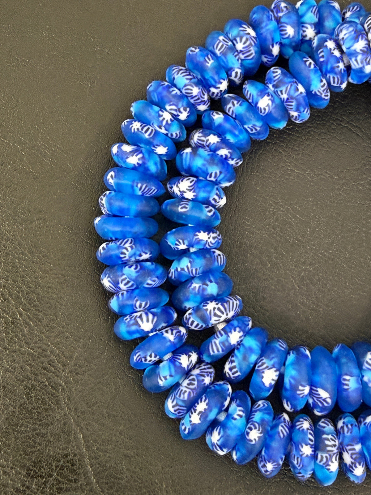 Blue Fused Krobo Rondelle Recycled Glass Beads | Handcrafted Ghana African Trade Beads | 95–99 Beads per Strand