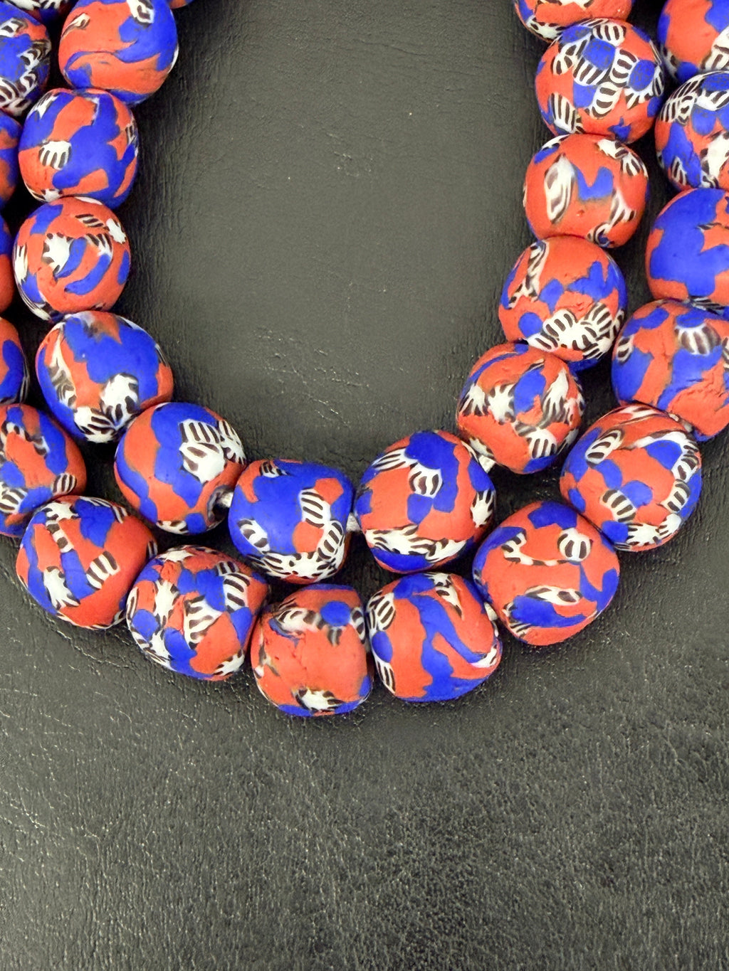 Authentic Fused Krobo Recycled Glass Beads 12–14mm | Red Blue African Glass Beads | Handmade in Ghana