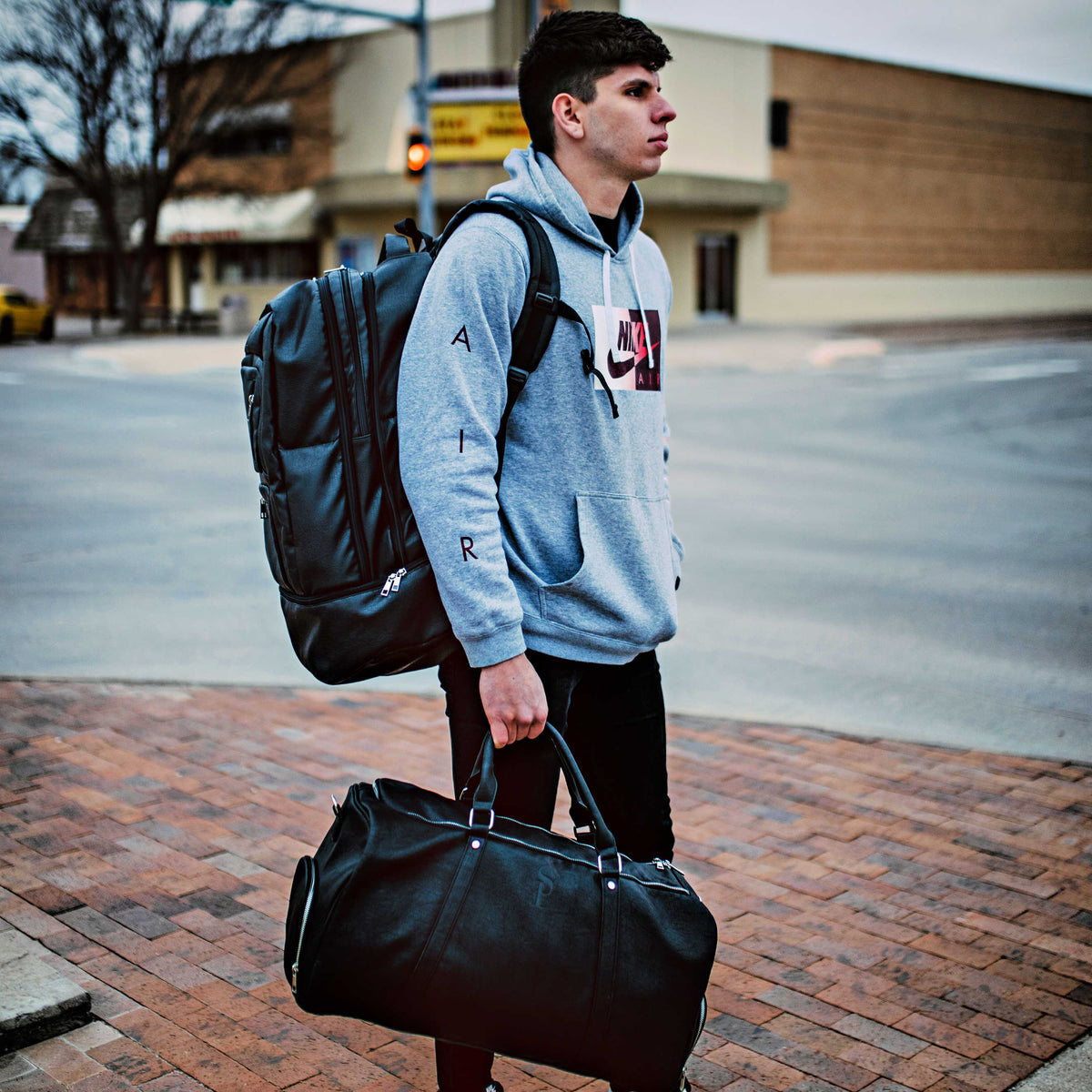 Black Leather XL Signature Bag Set (XL Signature Backpack and Duffle Bag)