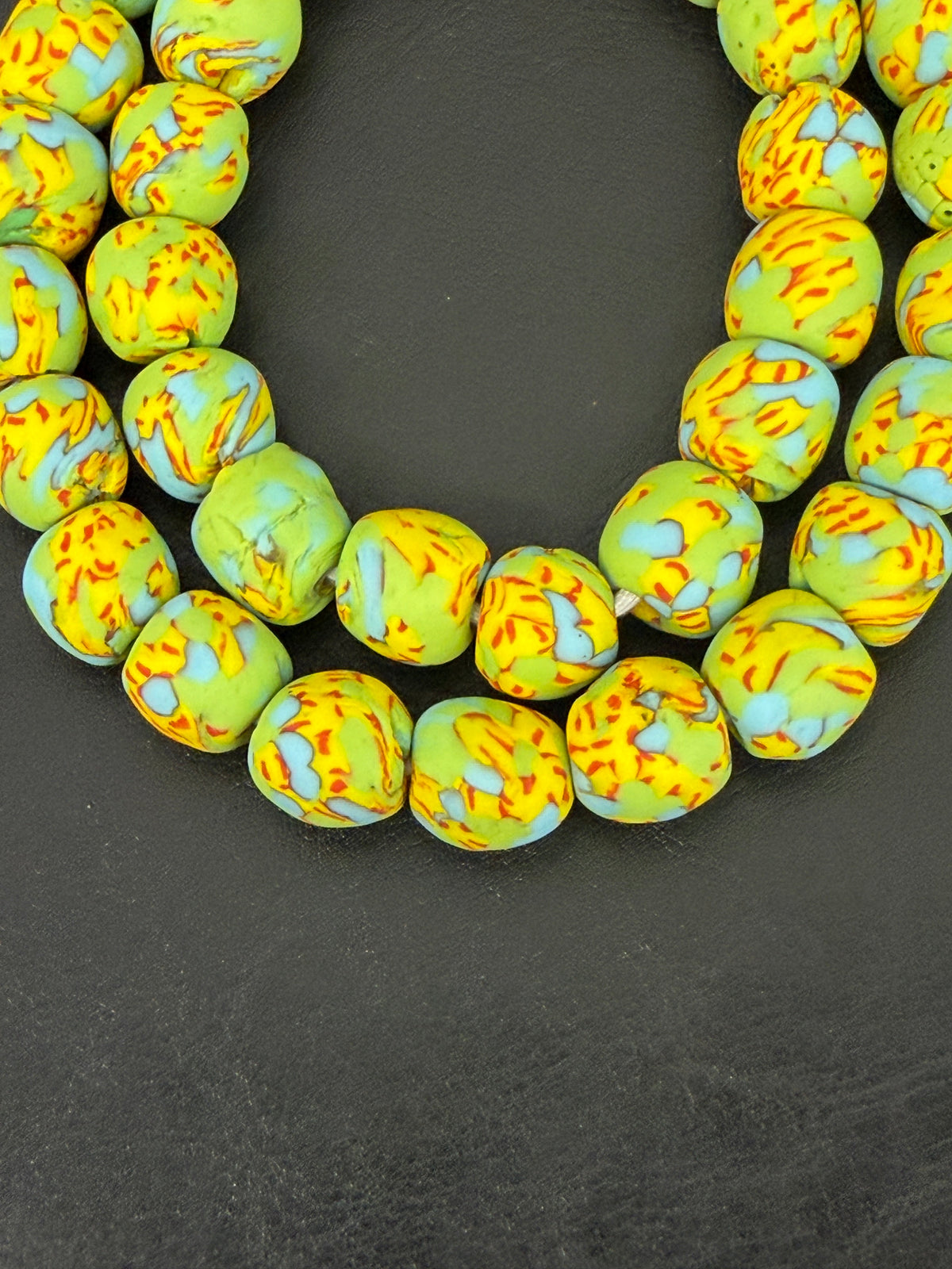 Fused Krobo Recycled Glass Beads 12–14mm | Pistachio Green Blue Yellow Handmade African Glass Beads from Ghana