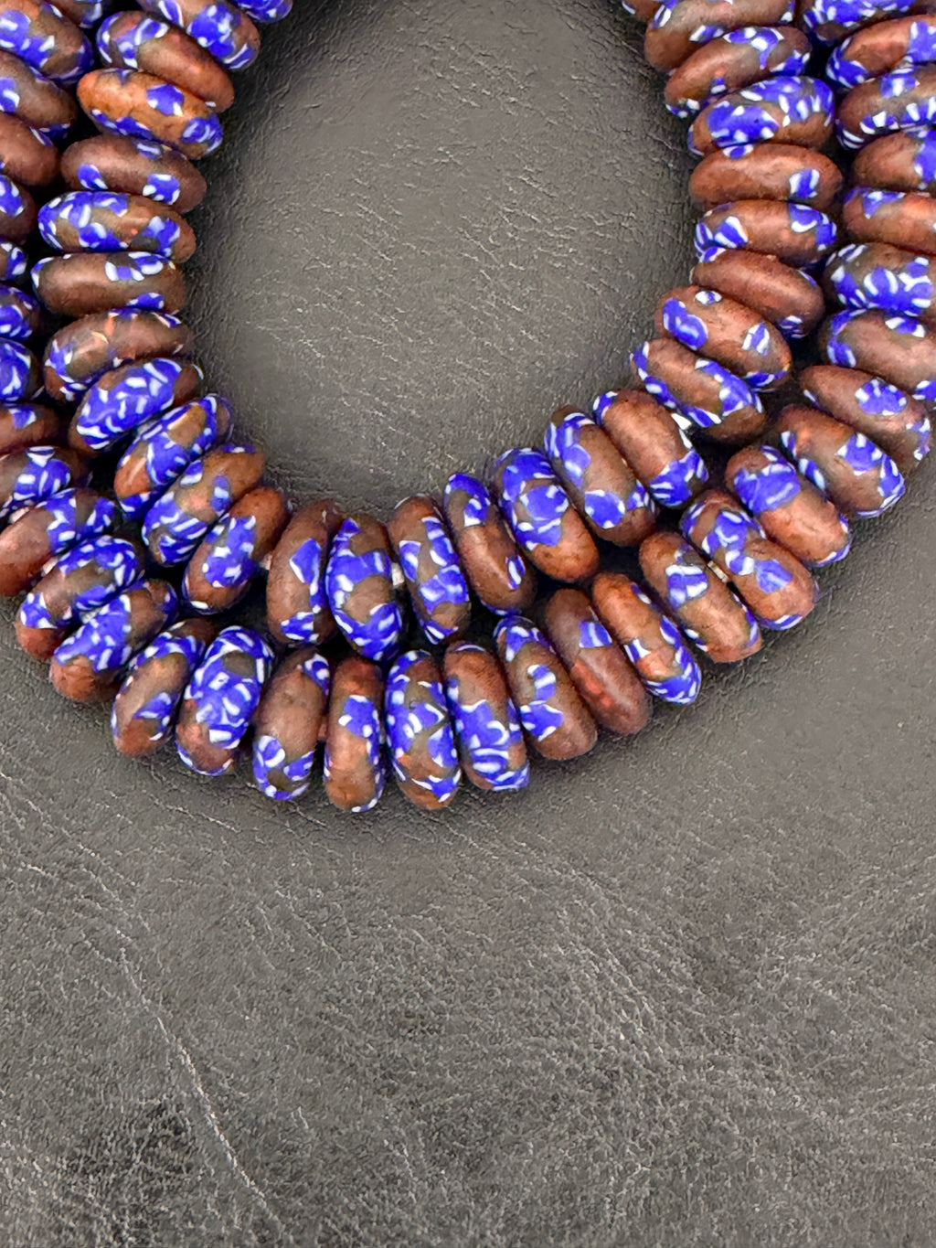 Handmade Blue Brown Fused Krobo Rondelle Recycled Glass Beads | Sustainable African Jewelry Supplies