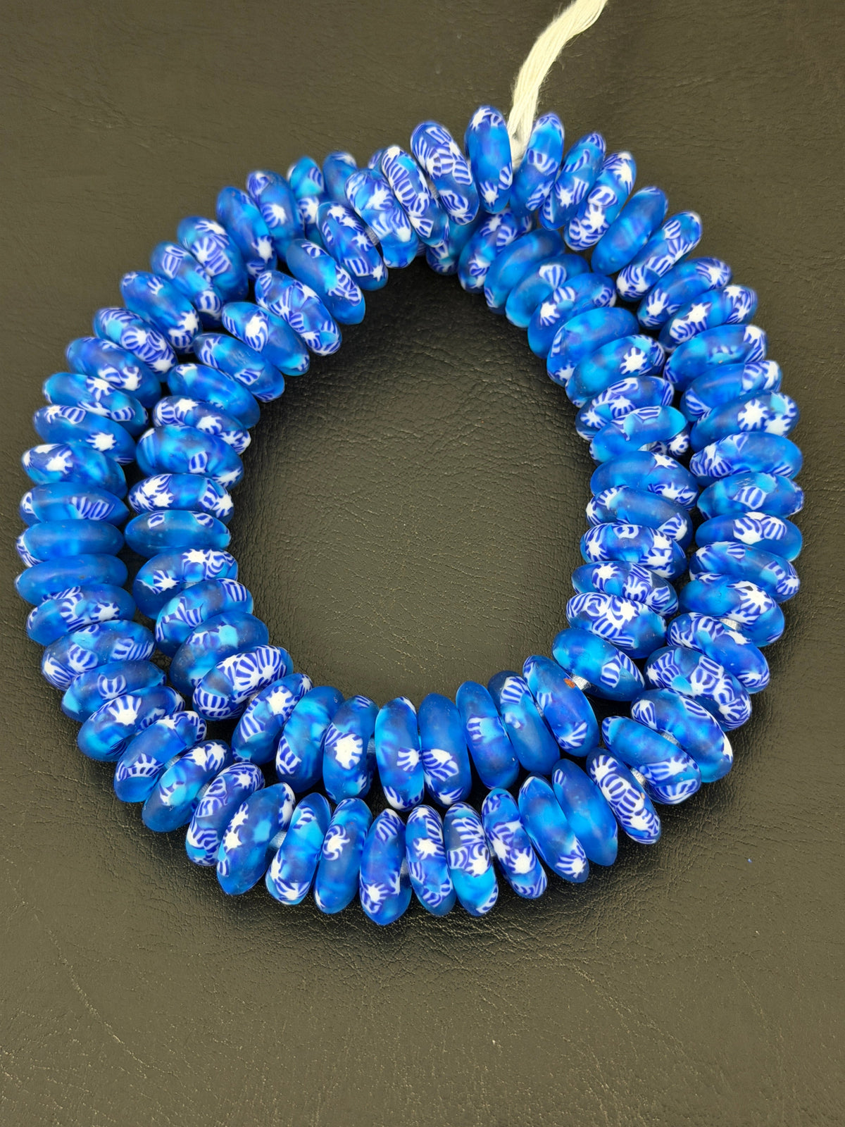 Blue Fused Krobo Rondelle Recycled Glass Beads | Handcrafted Ghana African Trade Beads | 95–99 Beads per Strand