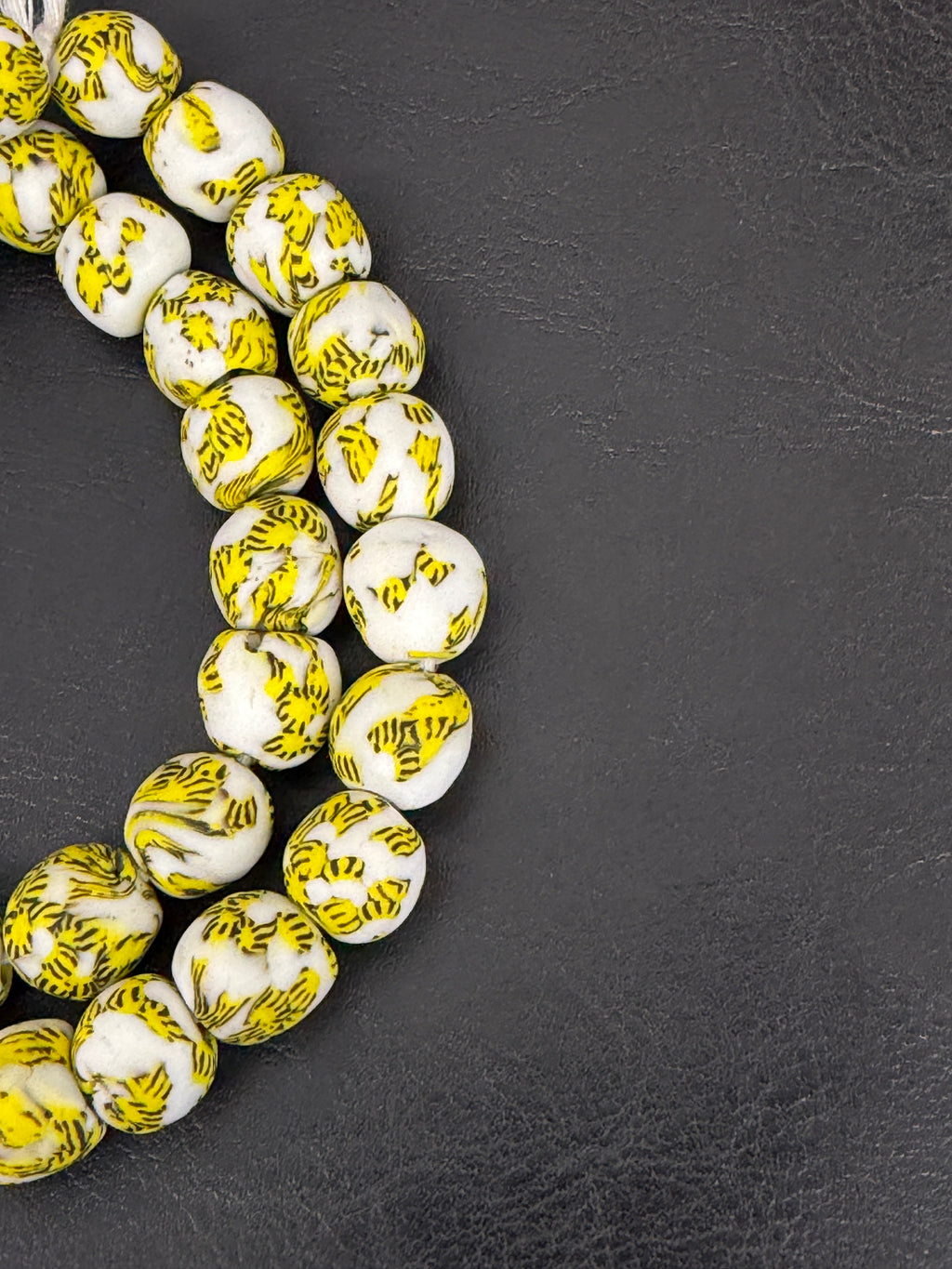 Ivory & Golden Yellow Fused Krobo Recycled Glass Beads 12–14mm | Handmade African Glass Beads from Ghana | 44 Beads Per Strand