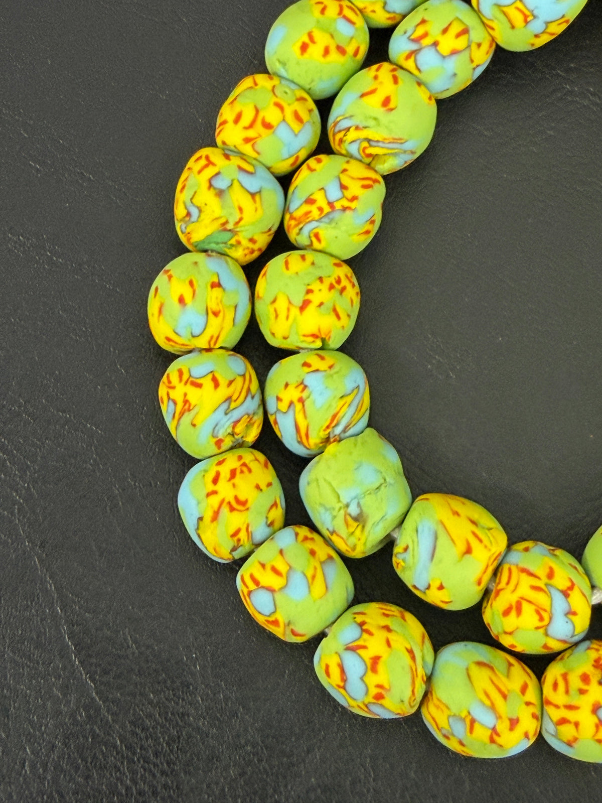 Fused Krobo Recycled Glass Beads 12–14mm | Pistachio Green Blue Yellow Handmade African Glass Beads from Ghana