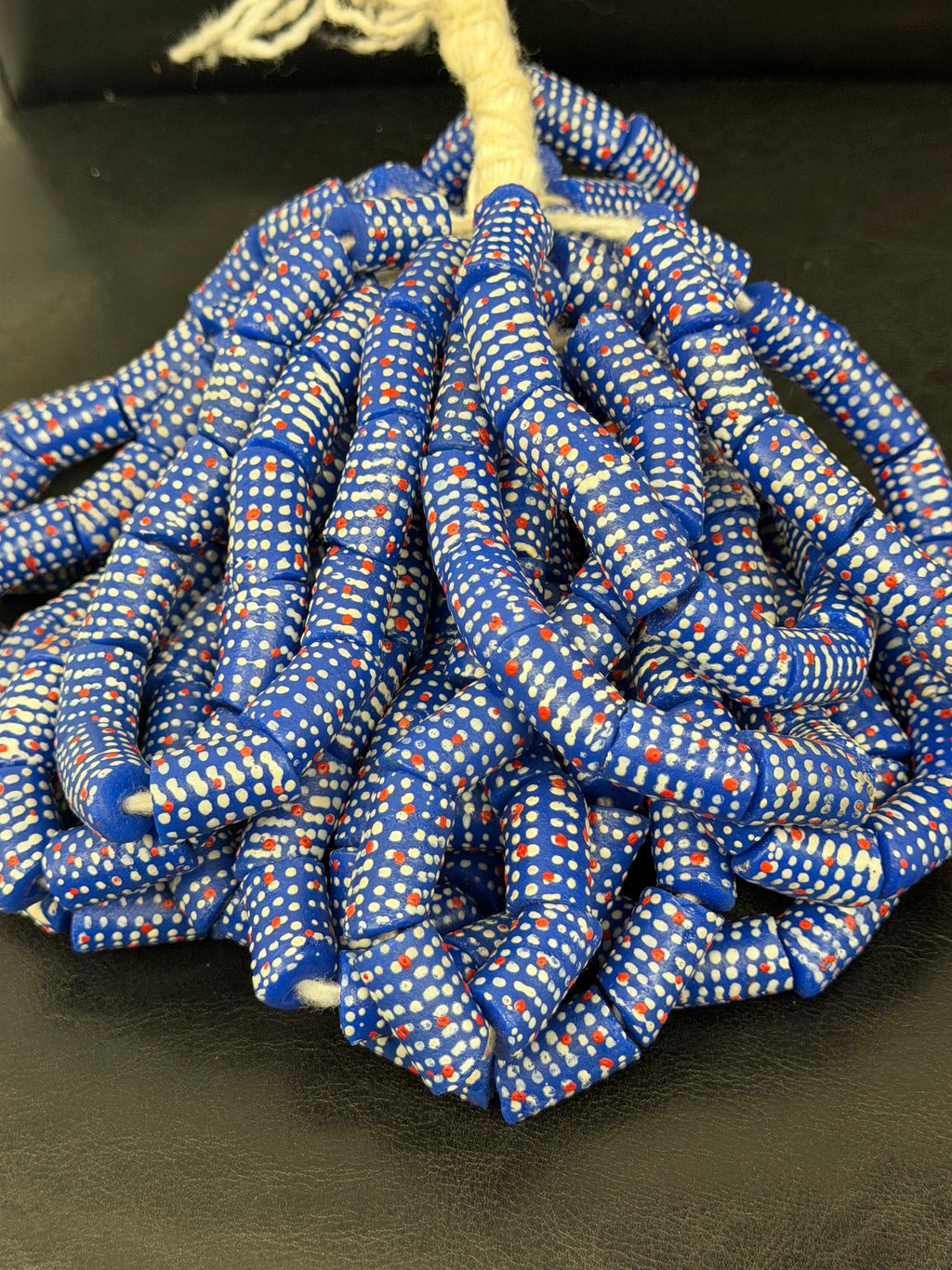 Stars & Stripes Krobo Glass Beads | Royal Blue Polka Dot Long Tube Beads | Handcrafted Ghana Recycled Glass Beads