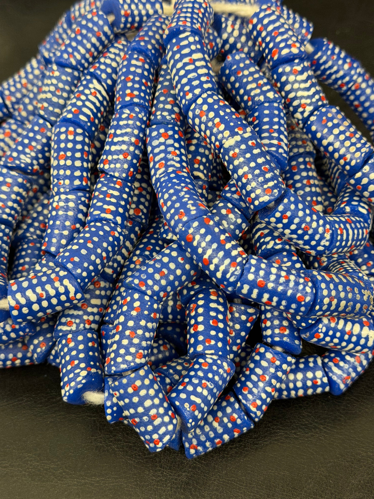 Stars & Stripes Krobo Glass Beads | Royal Blue Polka Dot Long Tube Beads | Handcrafted Ghana Recycled Glass Beads