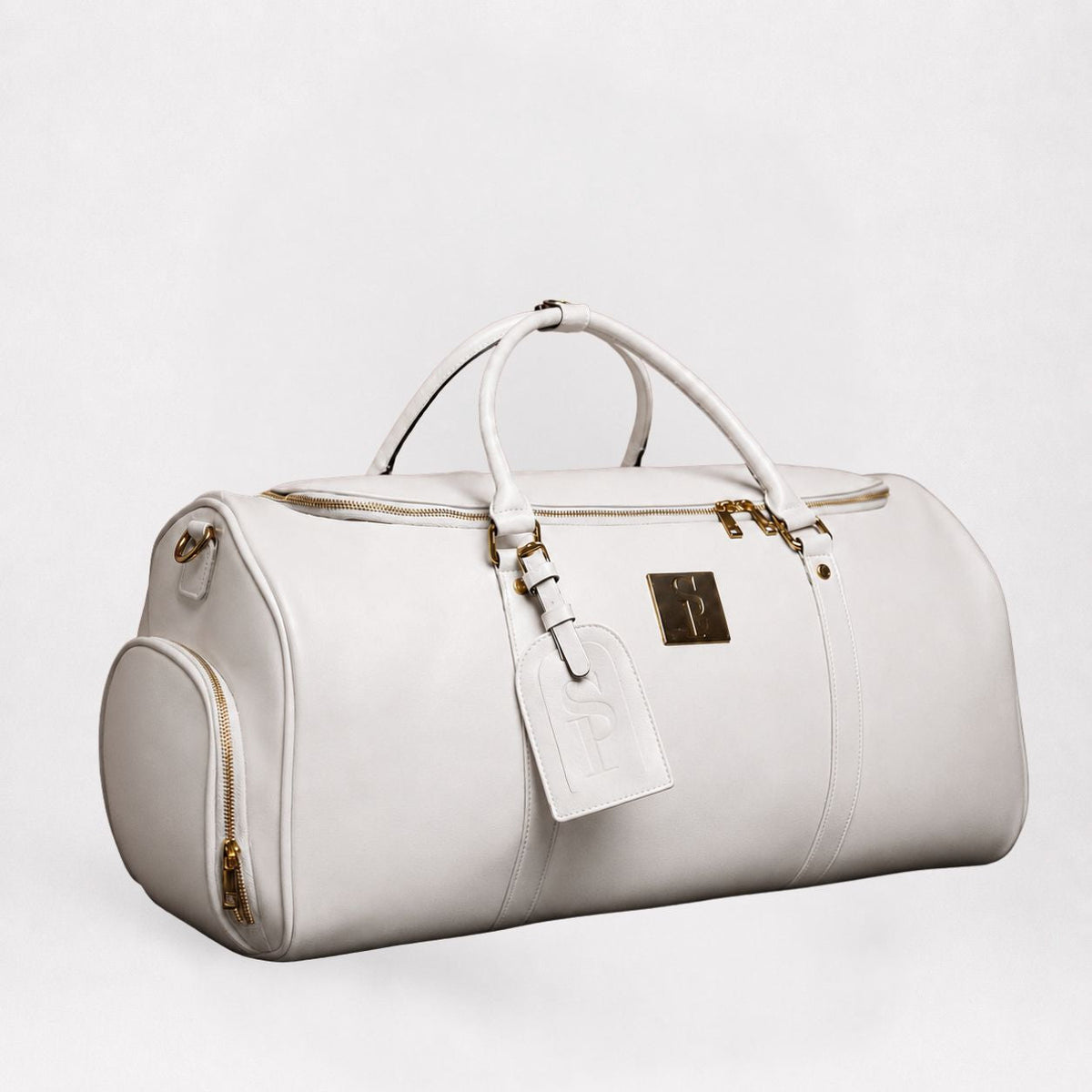 White Leather Weekender Duffle Bag