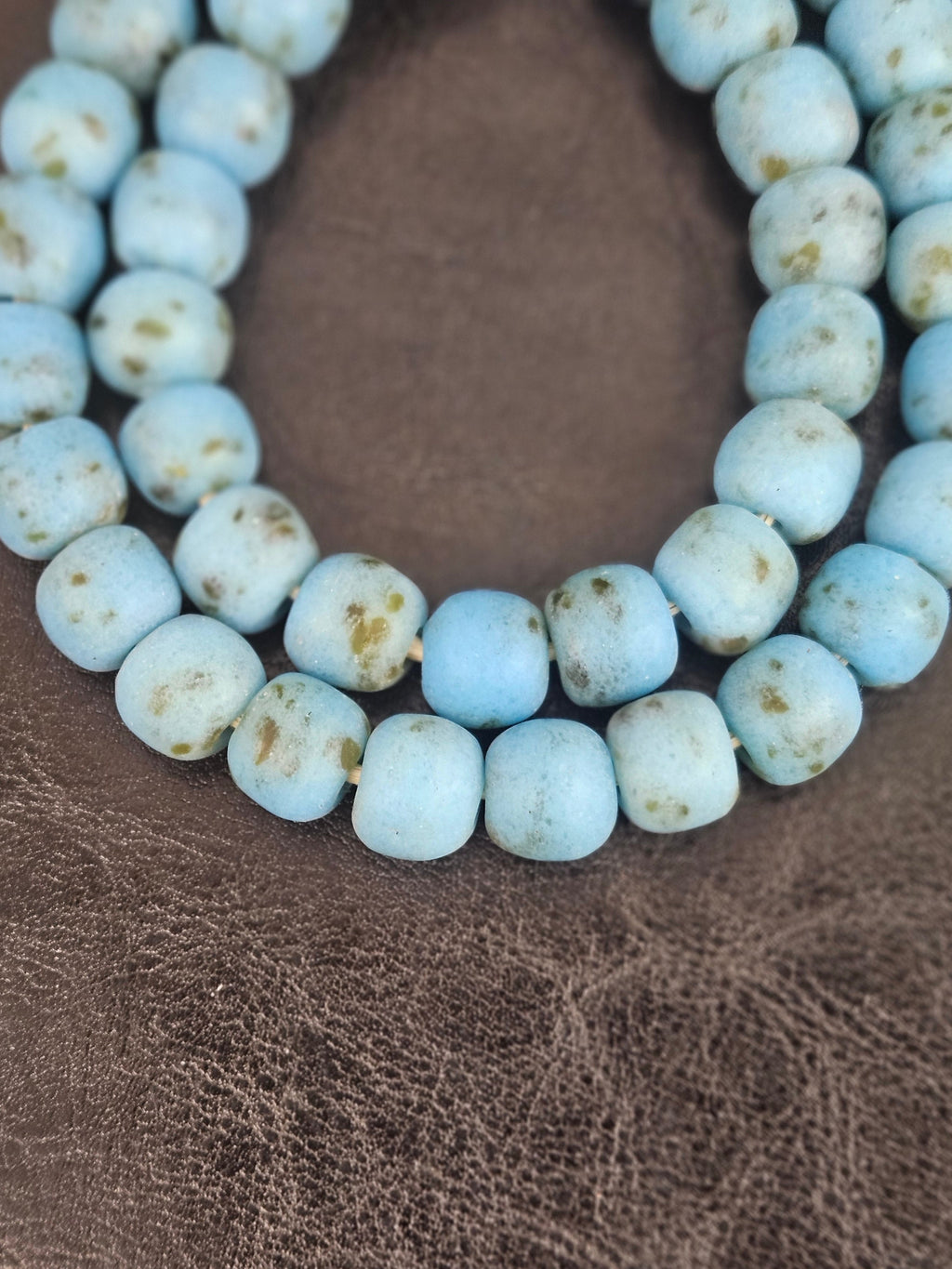 Authentic Krobo Powdered Glass Beads Ghana | Matte Sky Blue Recycled Glass Beads | 13–14mm