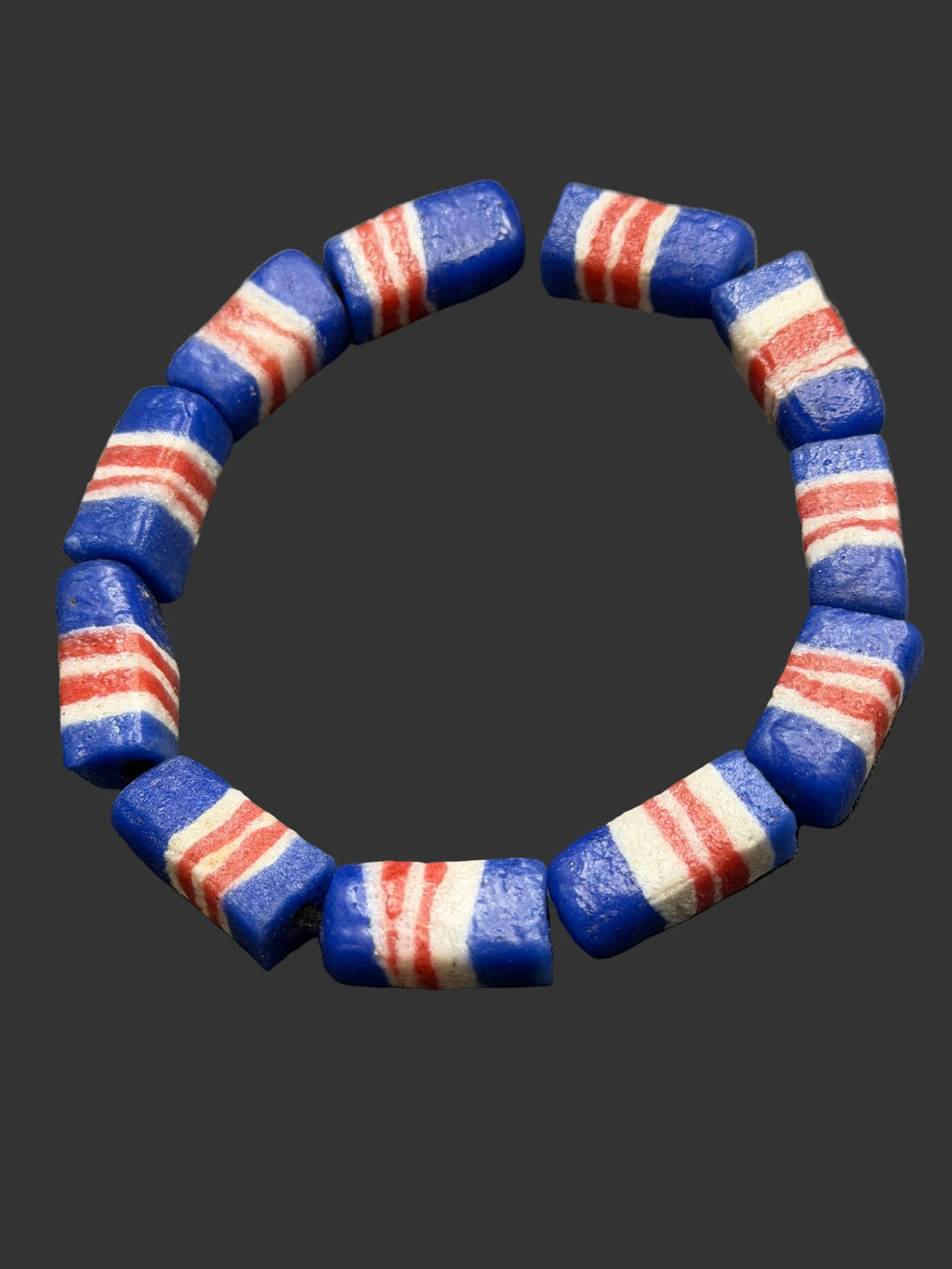 Krobo Powdered Glass Beads | Red White & Blue Long Cube Beads | Handcrafted Recycled Glass Beads from Ghana