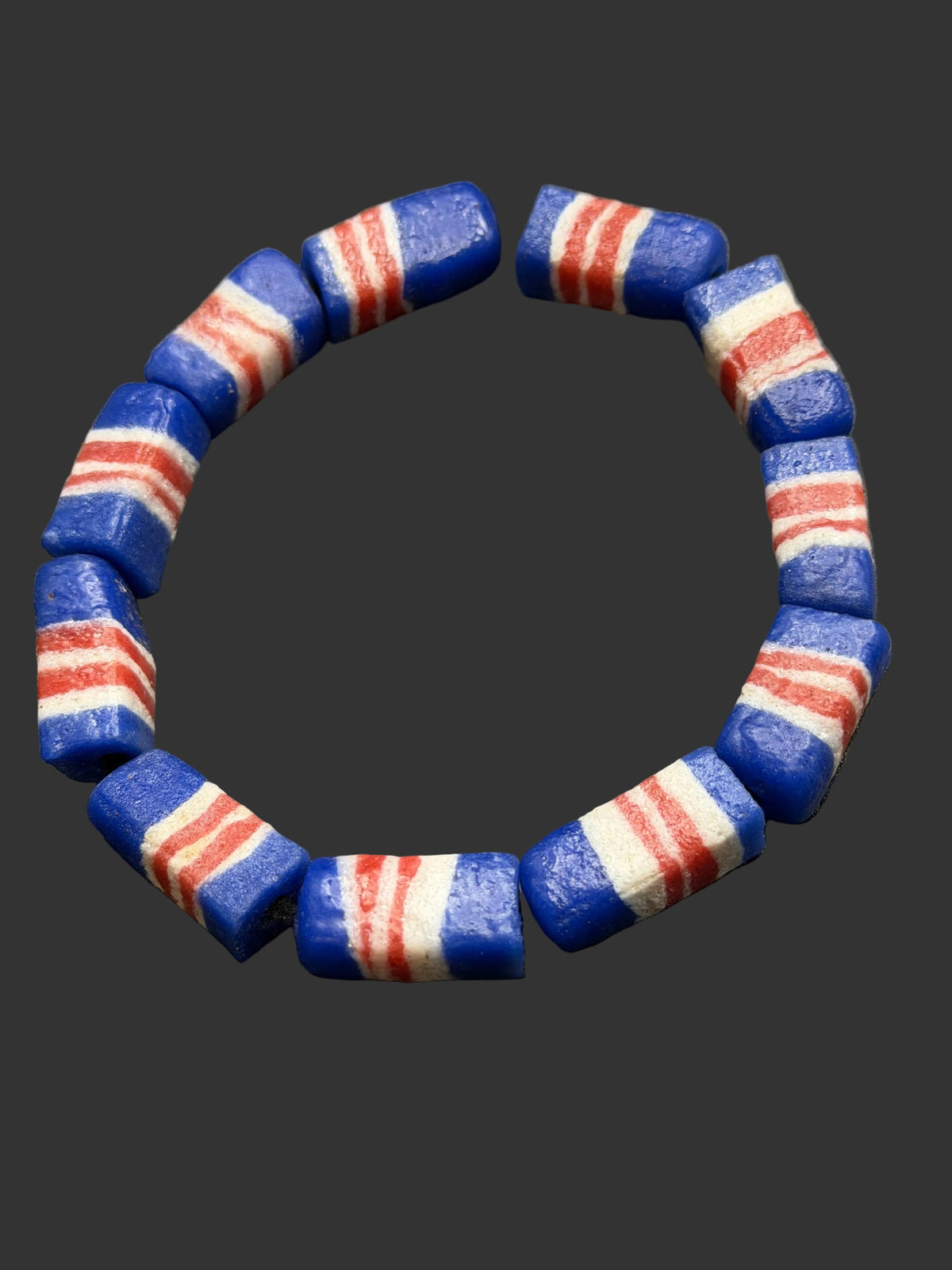Krobo Powdered Glass Beads | Red White & Blue Long Cube Beads | Handcrafted Recycled Glass Beads from Ghana