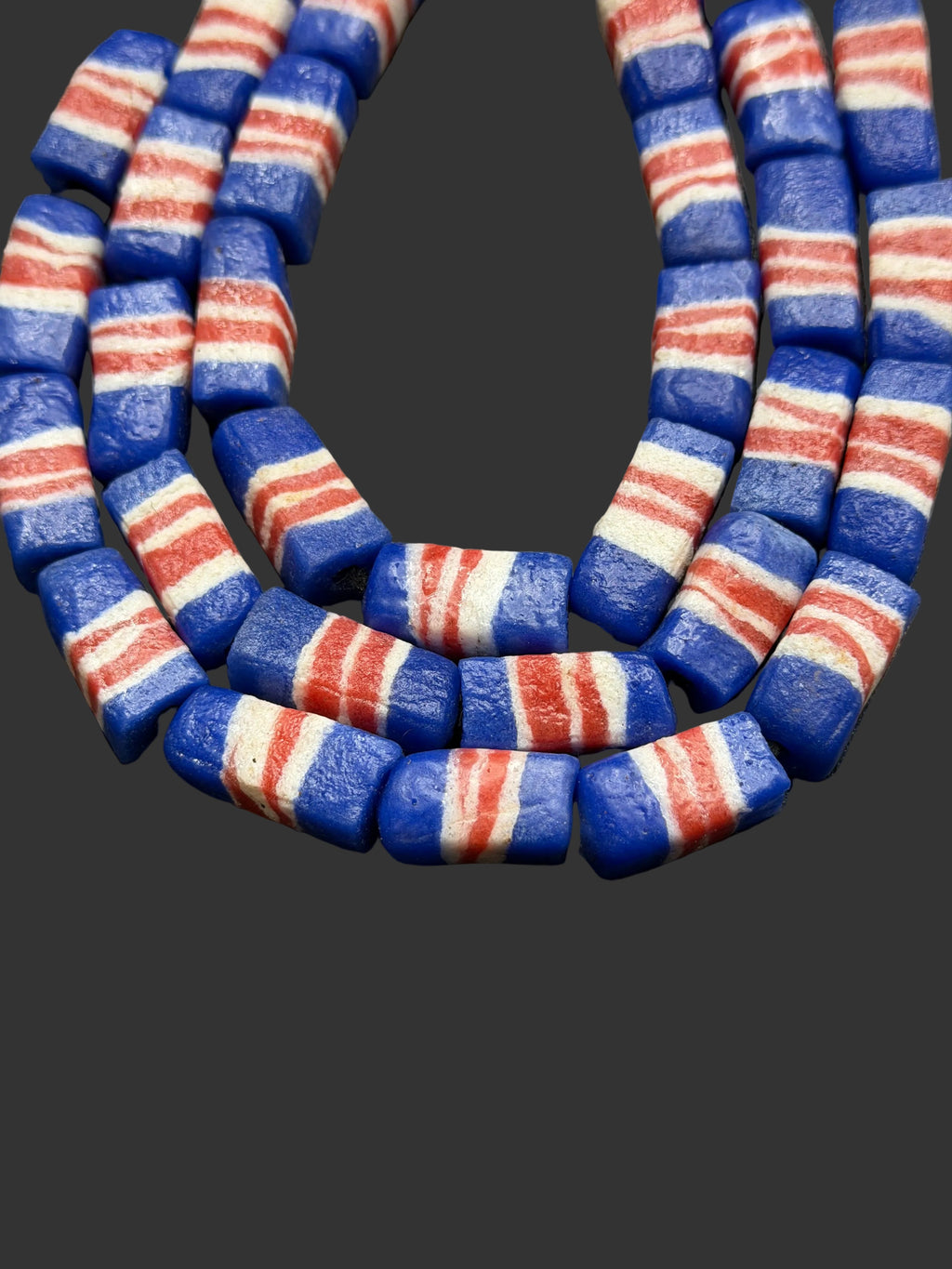 Krobo Powdered Glass Beads | Red White & Blue Long Cube Beads | Handcrafted Recycled Glass Beads from Ghana