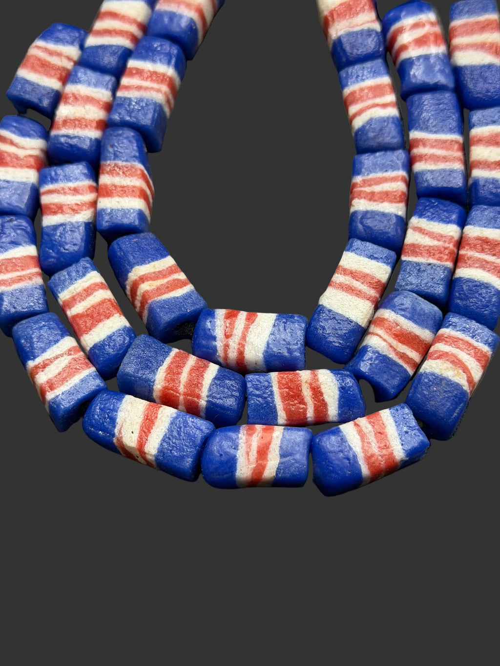 Krobo Powdered Glass Beads | Red White & Blue Long Cube Beads | Handcrafted Recycled Glass Beads from Ghana