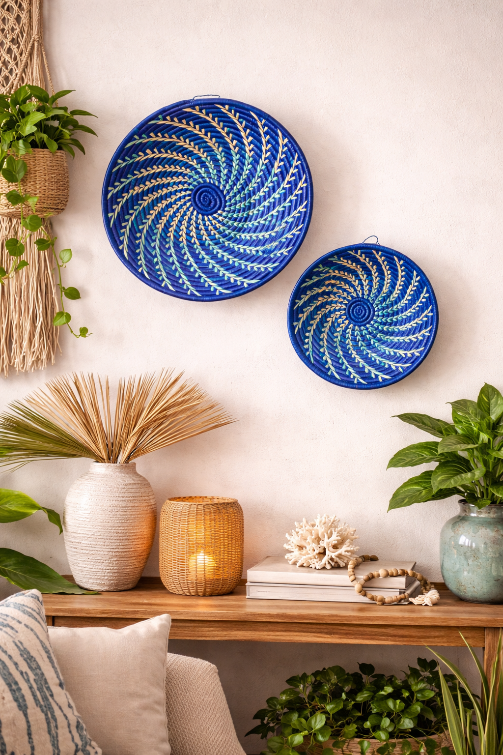 Large Blue White Woven African Basket