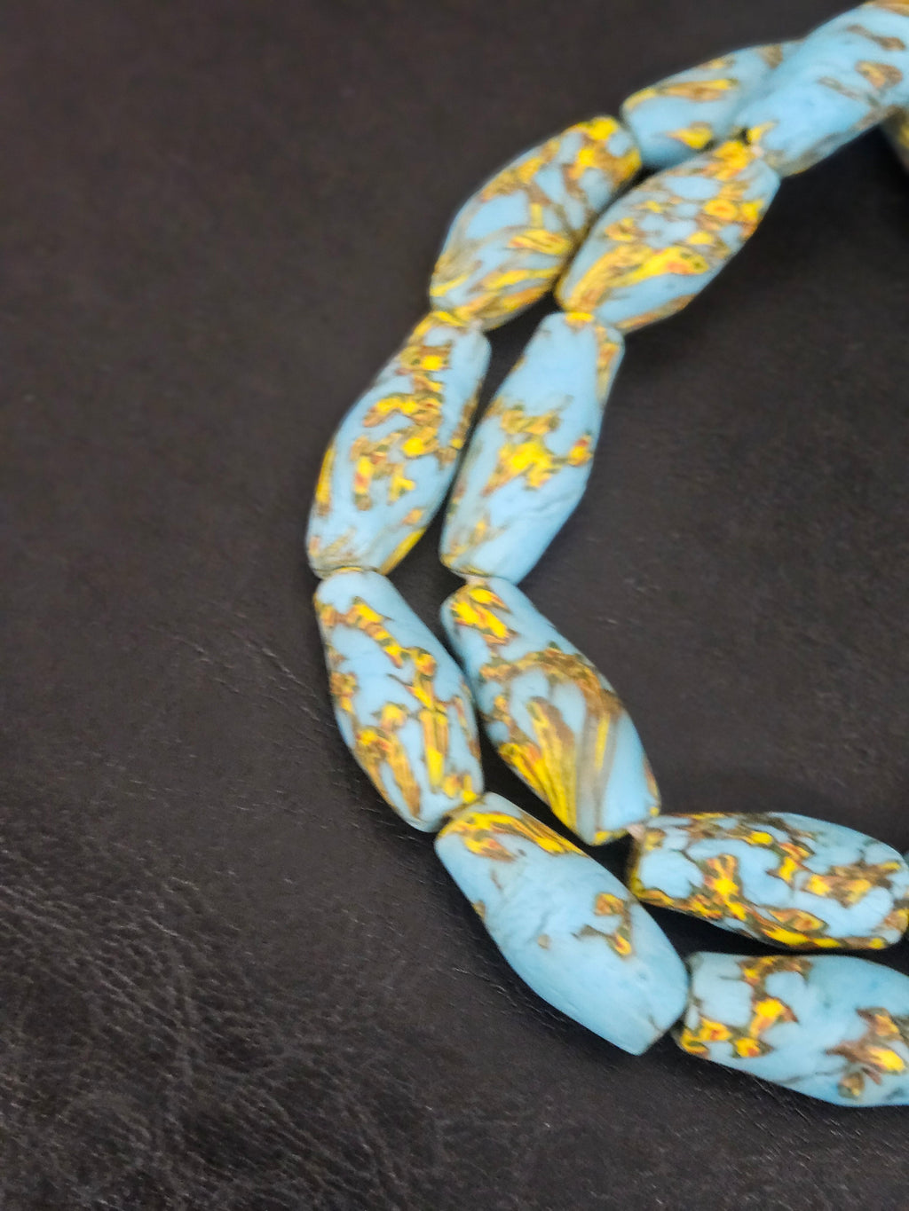 Sky Blue & Golden Fusion Krobo Recycled Glass Beads | Handmade African Statement Beads from Ghana