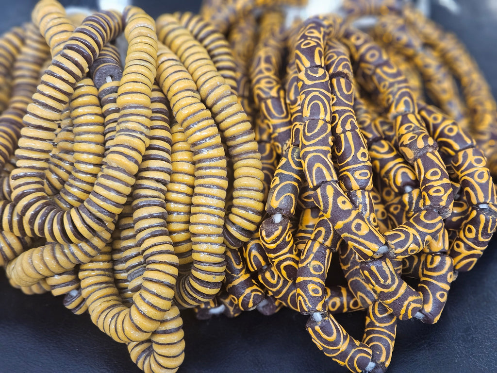 Handcrafted Krobo Painted Glass Tube Beads – Espresso Brown & Golden Ochre | Ghana Recycled Glass | Approx. 10 Beads
