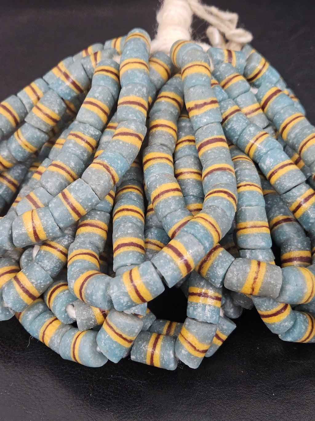 Light Blue Striped Krobo Kente Glass Beads | Handcrafted Powdered Glass Beads from Ghana | Approx. 17 Beads