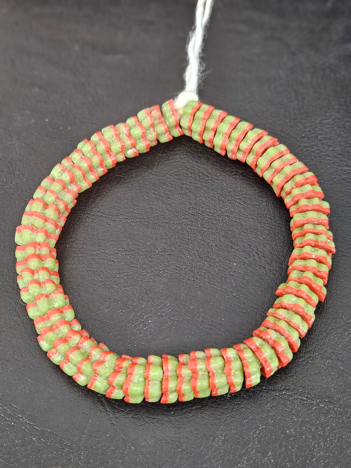 Striped Krobo Glass Spacer Beads – Green & Coral Red | Handmade Recycled Glass Beads | Ghana Artisan Craft