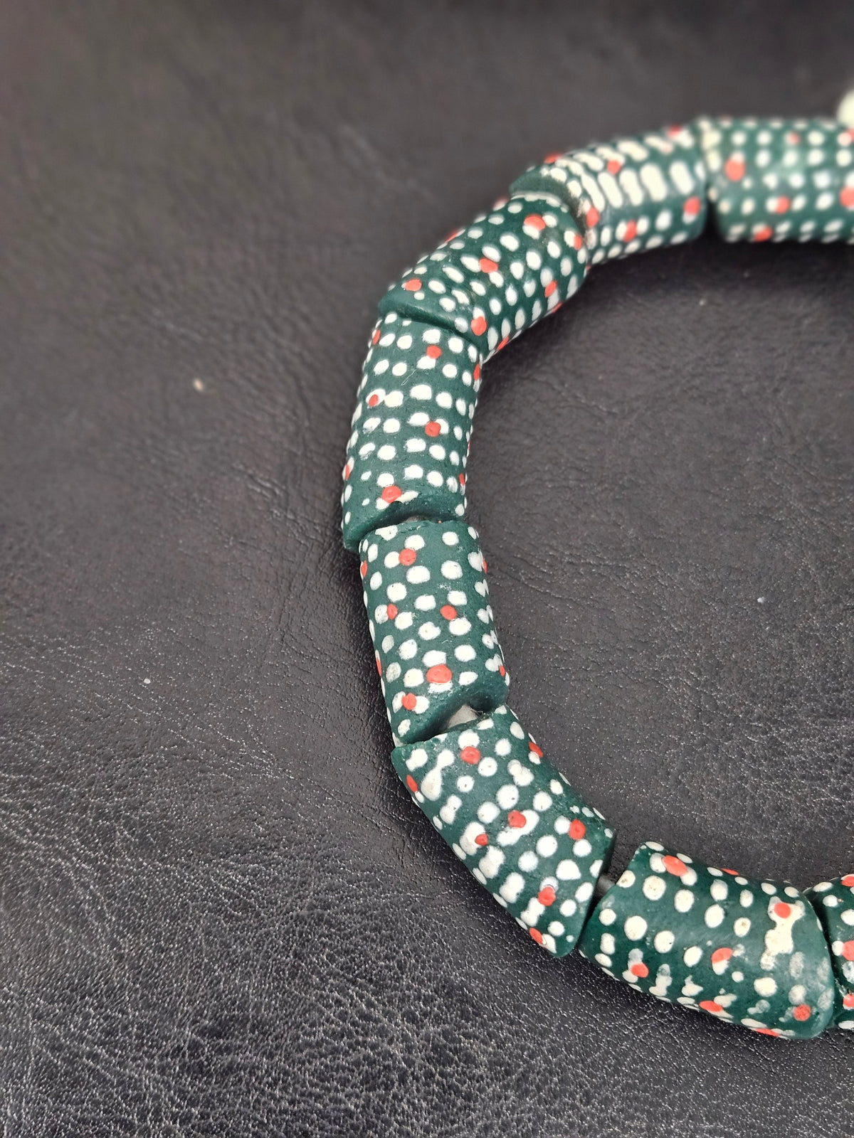Painted Krobo Glass Beads | Green Red & White Polka Dot Long Tube Beads | Handcrafted Ghana Recycled Glass Beads