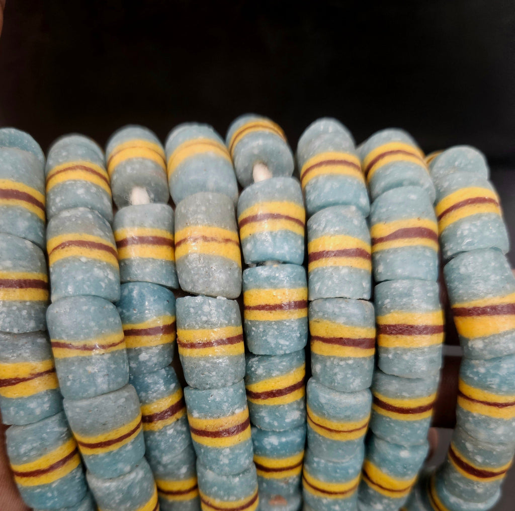 Light Blue Striped Krobo Kente Glass Beads | Handcrafted Powdered Glass Beads from Ghana | Approx. 17 Beads