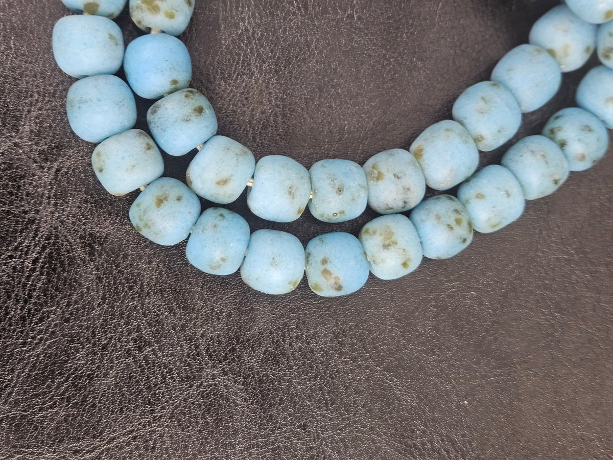 Authentic Krobo Powdered Glass Beads Ghana | Matte Sky Blue Recycled Glass Beads | 13–14mm