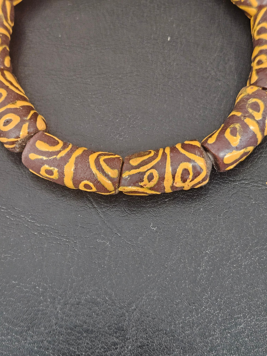 Handcrafted Krobo Painted Glass Tube Beads – Espresso Brown & Golden Ochre | Ghana Recycled Glass | Approx. 10 Beads