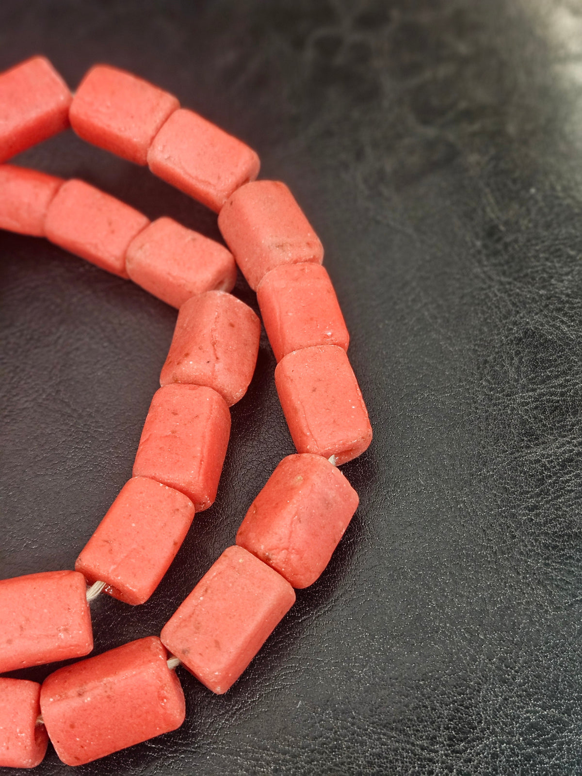 Coral Terracotta Cube Tube Krobo Powdered Glass Beads | Handmade Recycled Glass Beads from Ghana | 30–32 Beads per Strand