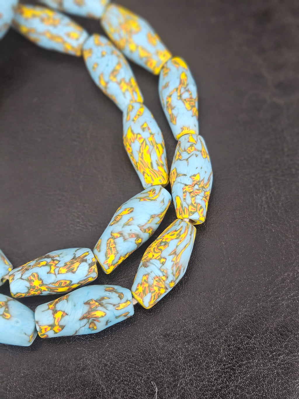 Sky Blue & Golden Fusion Krobo Recycled Glass Beads | Handmade African Statement Beads from Ghana