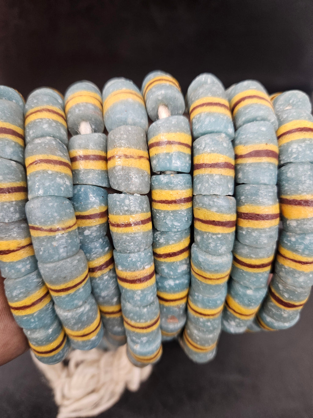 Light Blue Striped Krobo Kente Glass Beads | Handcrafted Powdered Glass Beads from Ghana | Approx. 17 Beads