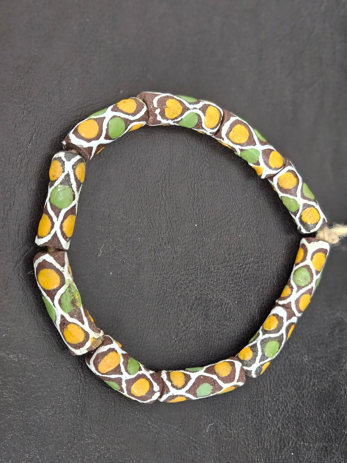 Chocolate Brown Krobo Painted Glass Tube Beads with Golden Yellow & Leaf Green Mosaic Motifs | Handcrafted Recycled Glass from Ghana