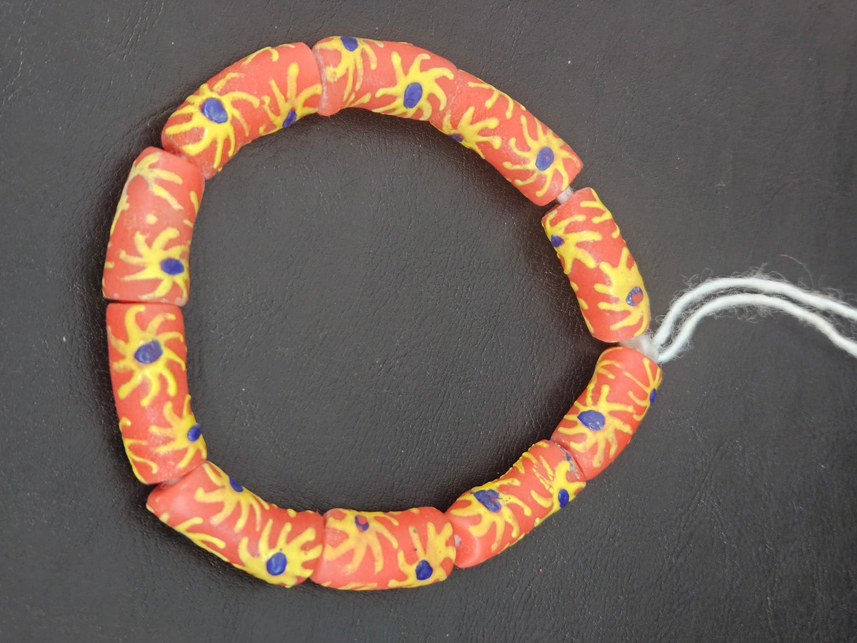 Krobo Painted Glass Tube Beads | Terracotta Coral, Golden Yellow & Royal Blue | Handmade Recycled Glass Beads from Ghana