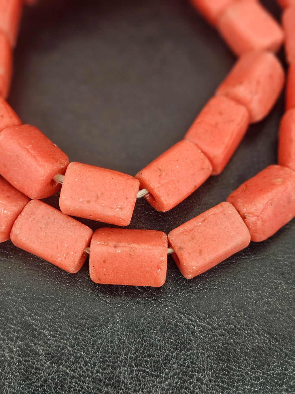 Coral Terracotta Cube Tube Krobo Powdered Glass Beads | Handmade Recycled Glass Beads from Ghana | 30–32 Beads per Strand