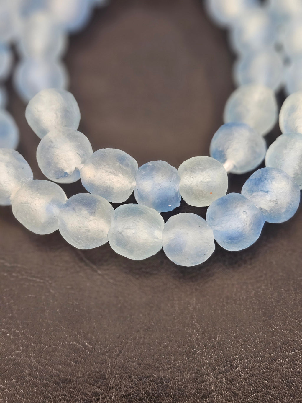 Authentic African Beads from Ghana | Chunky Ice Blue Translucent Recycled Glass Beads | Handmade Krobo Beads 12–14mm