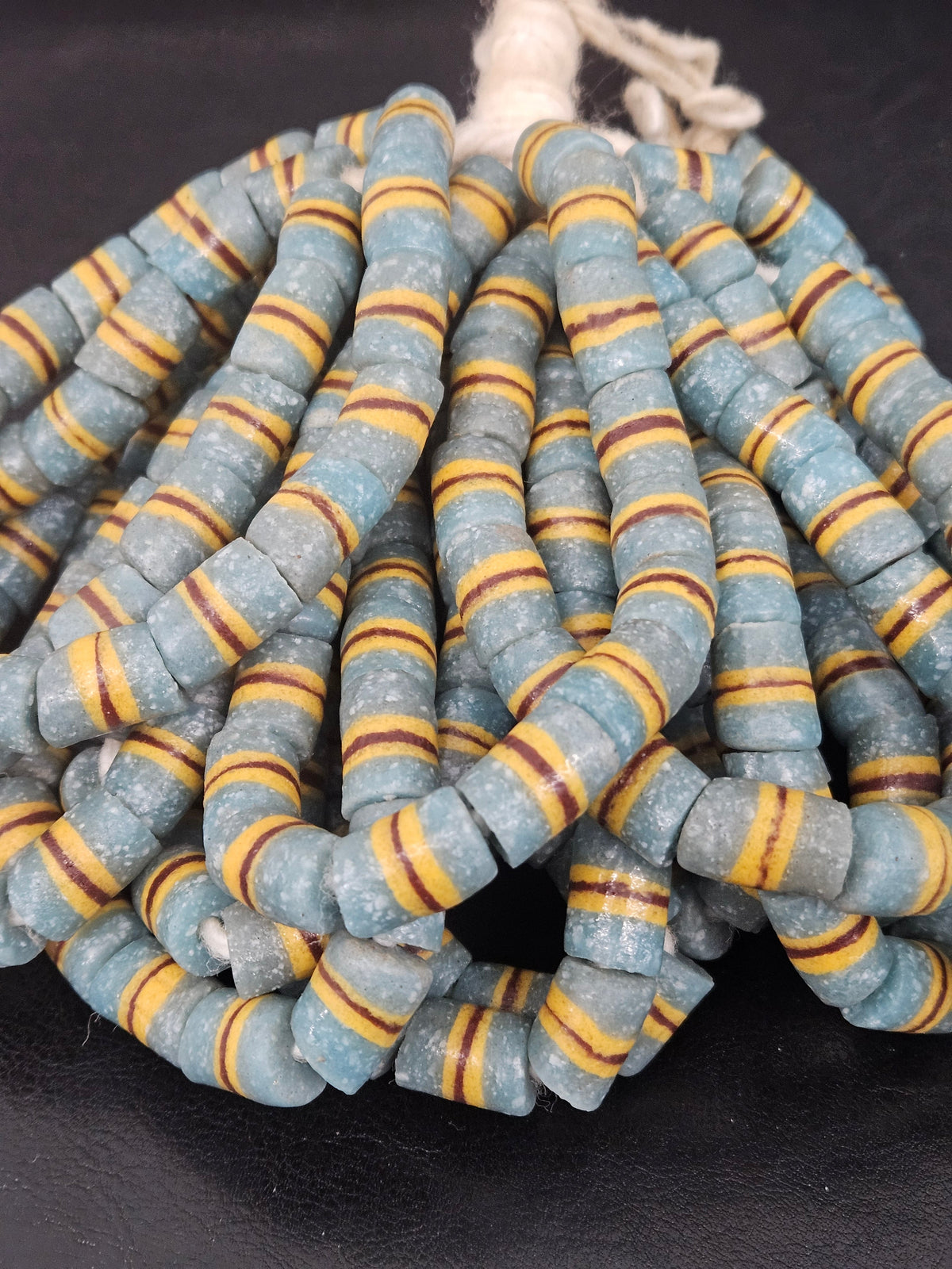 Light Blue Striped Krobo Kente Glass Beads | Handcrafted Powdered Glass Beads from Ghana | Approx. 17 Beads