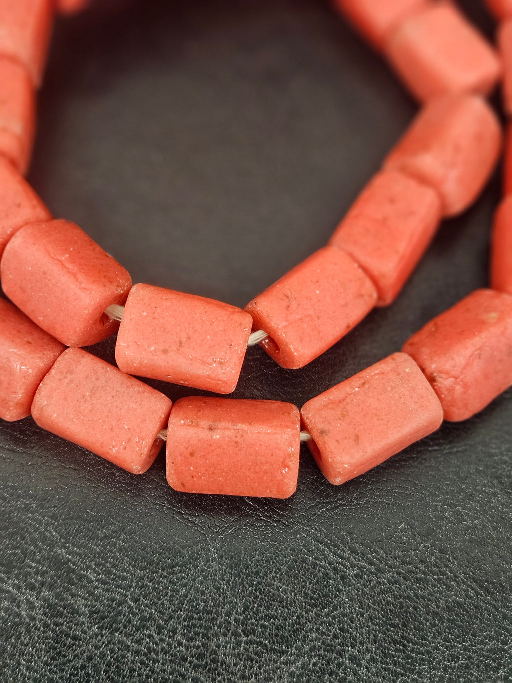 Coral Terracotta Cube Tube Krobo Powdered Glass Beads | Handmade Recycled Glass Beads from Ghana | 30–32 Beads per Strand