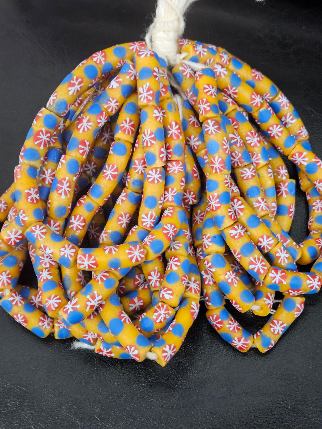 Golden Yellow Krobo Painted Glass Tube Beads with Royal Blue & Coral Red Floral Motifs | Handcrafted Recycled Glass from Ghana