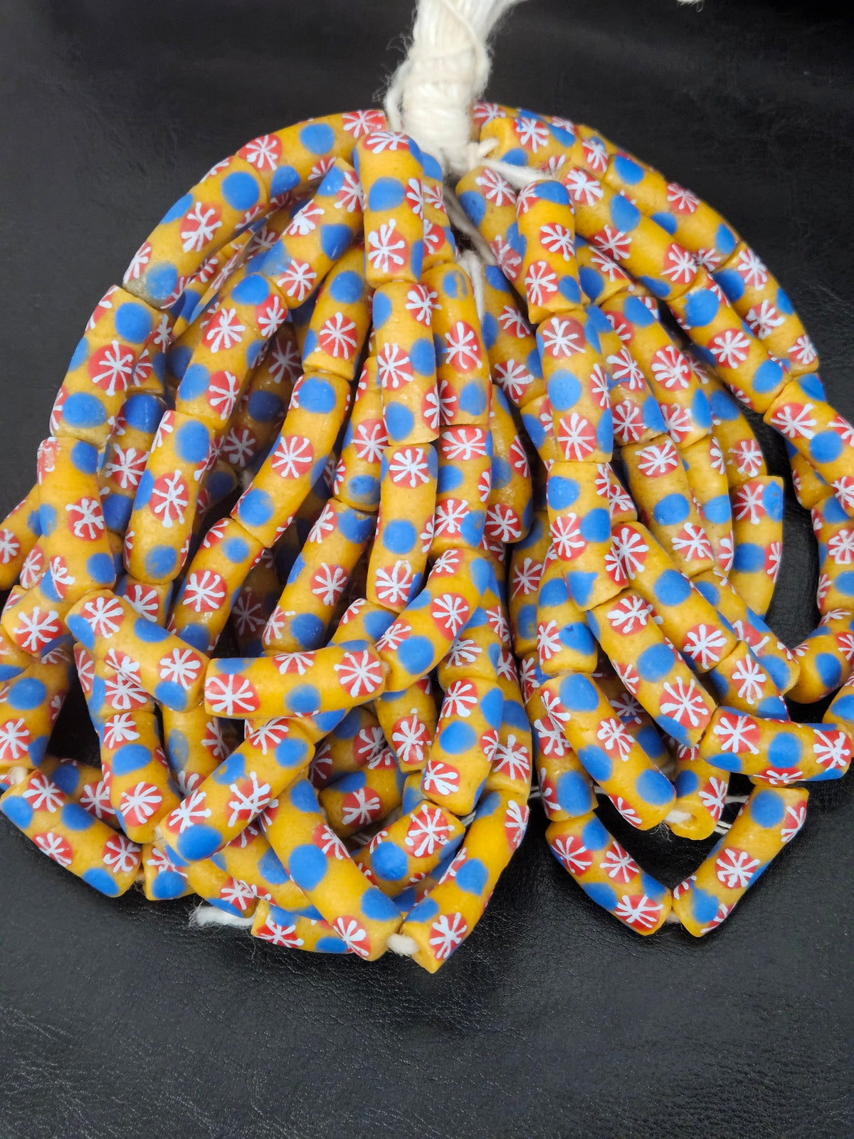Golden Yellow Krobo Painted Glass Tube Beads with Royal Blue & Coral Red Floral Motifs | Handcrafted Recycled Glass from Ghana