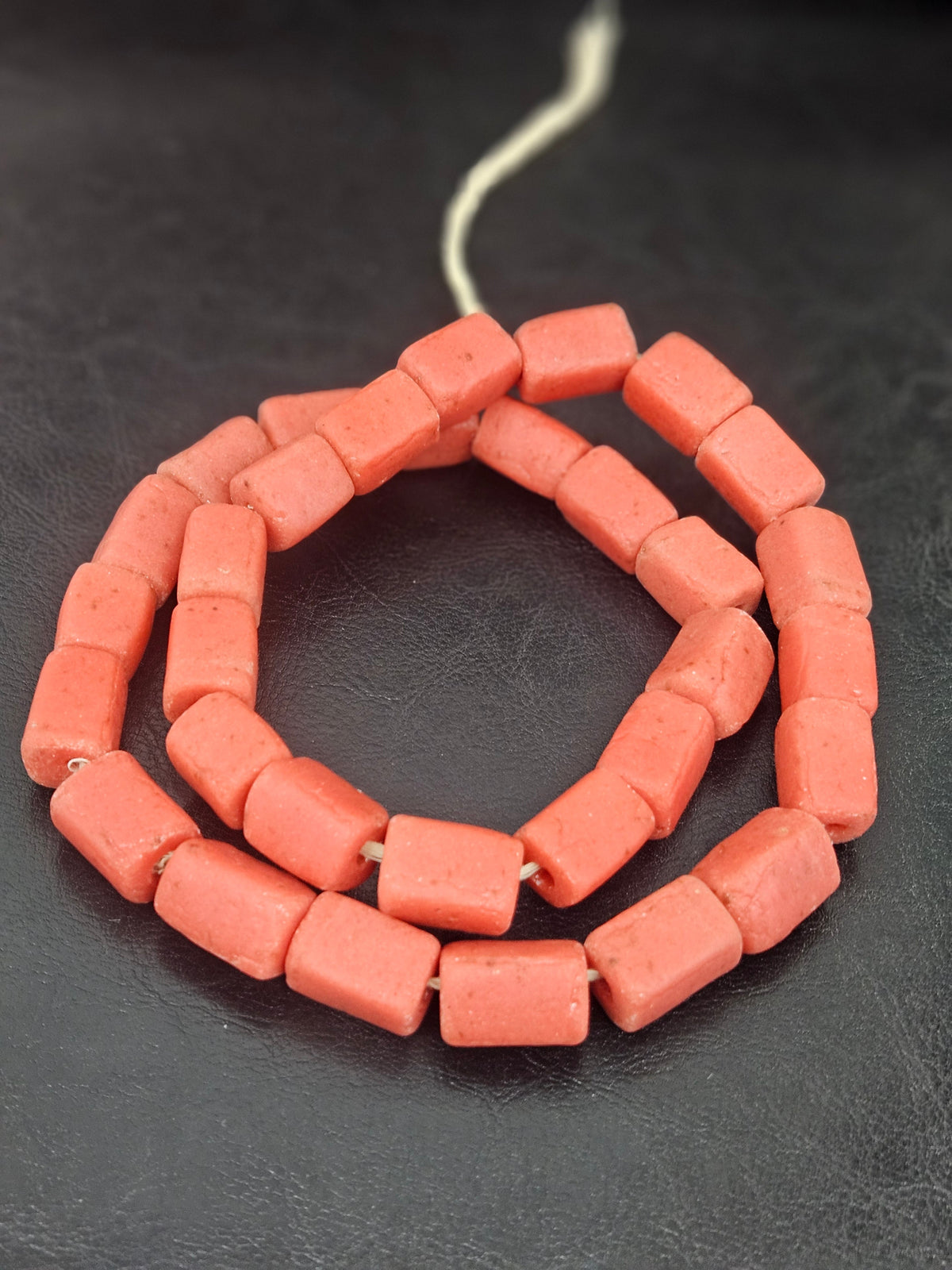 Coral Terracotta Cube Tube Krobo Powdered Glass Beads | Handmade Recycled Glass Beads from Ghana | 30–32 Beads per Strand