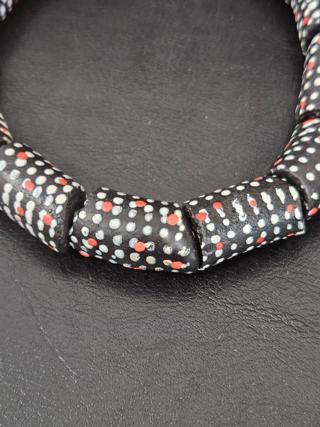 Painted Krobo Glass Beads | Black Red & White Polka Dot Long Tube Beads | Handcrafted Ghana Recycled Glass Beads