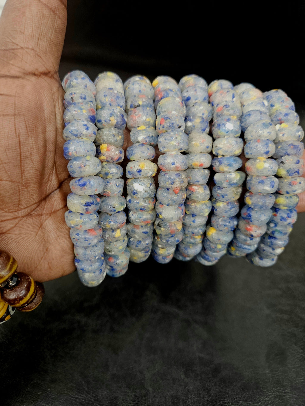 Blue Gray African Recycled Glass Short Tube Beads – Handmade Krobo Powder Glass Beads, 32–33 Beads