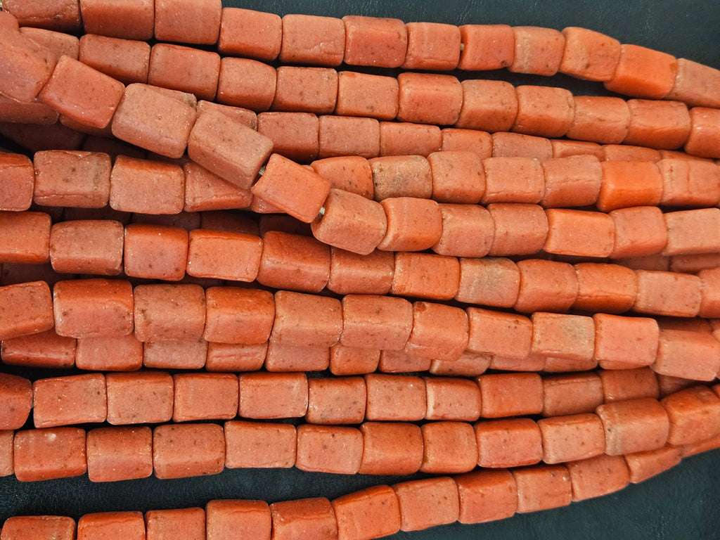 Coral Terracotta Cube Tube Krobo Powdered Glass Beads | Handmade Recycled Glass Beads from Ghana | 30–32 Beads per Strand