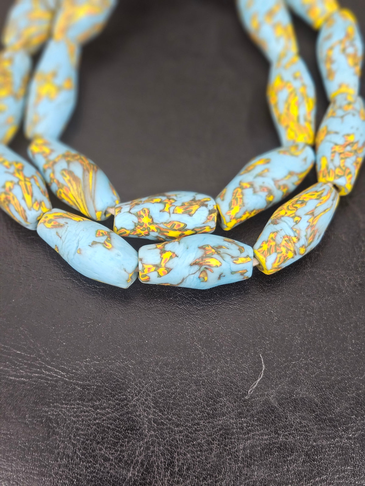 Sky Blue & Golden Fusion Krobo Recycled Glass Beads | Handmade African Statement Beads from Ghana