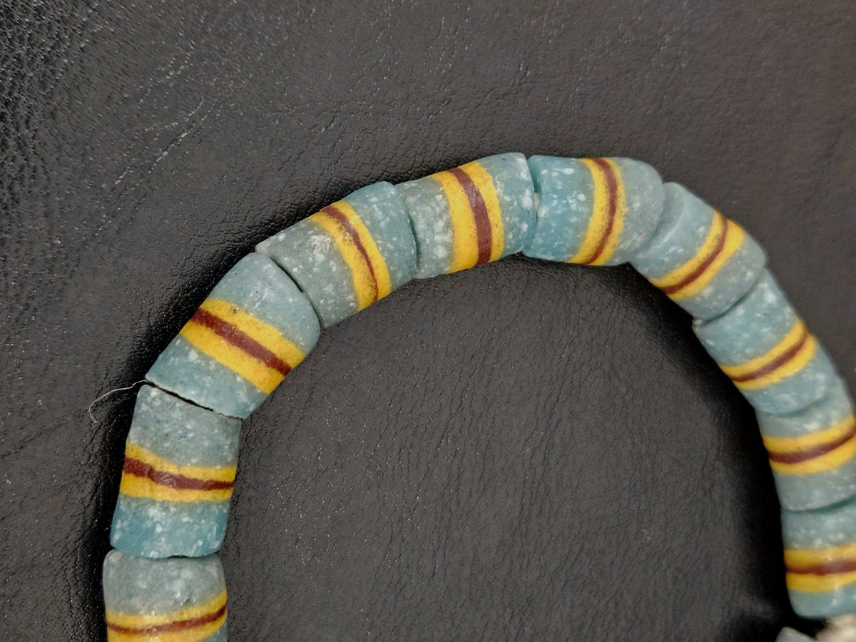 Light Blue Striped Krobo Kente Glass Beads | Handcrafted Powdered Glass Beads from Ghana | Approx. 17 Beads